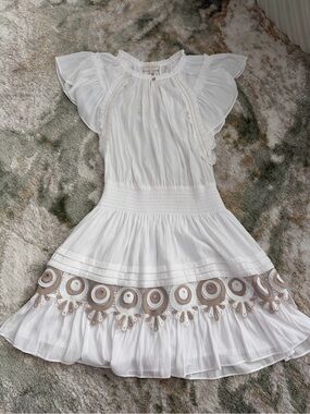 Ramy Brook Ariana White Flutter-Sleeve Dress with Embroidered Hem